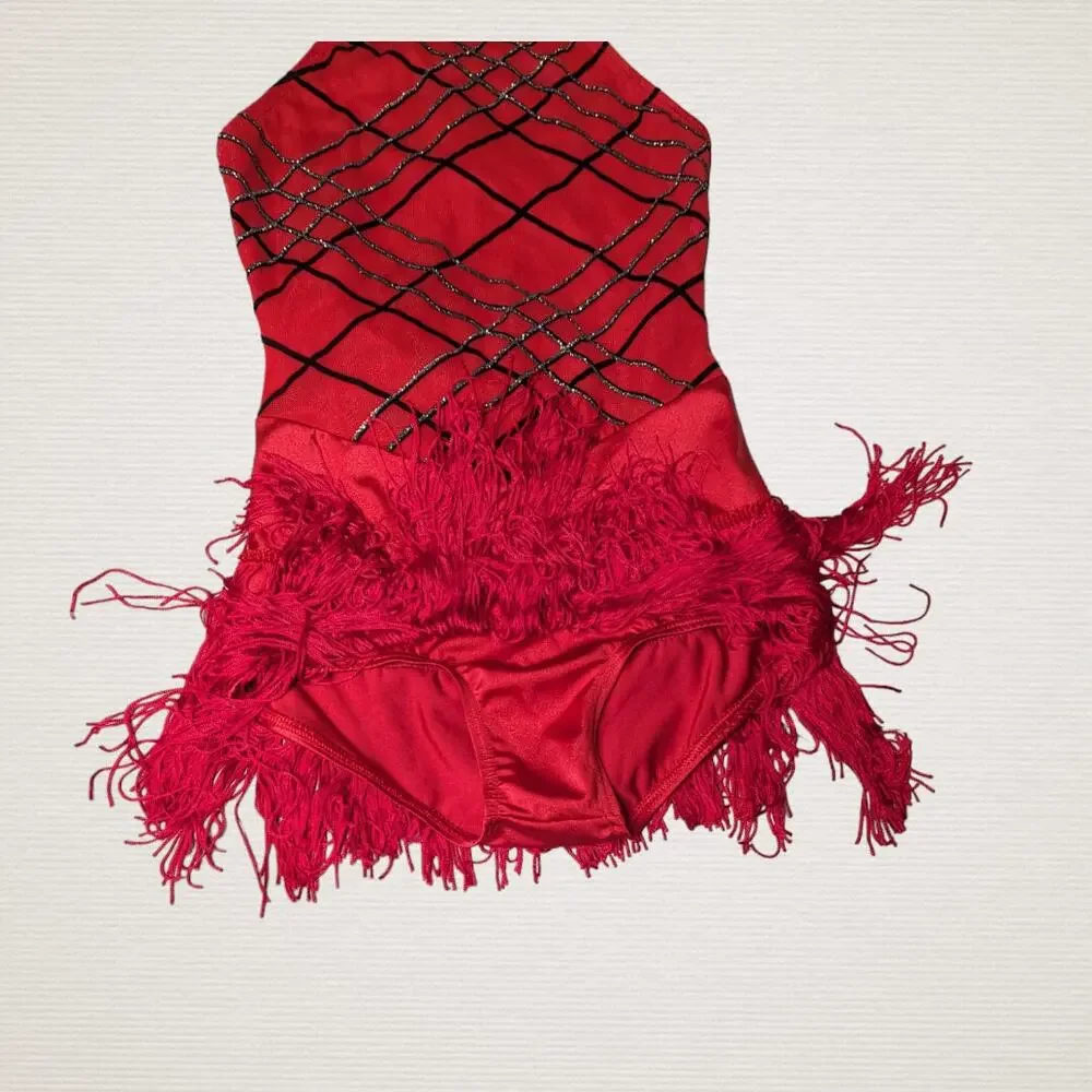 Weissman Girls Red Halter Dance Leotard Fringe Detail  Size MC 10/12